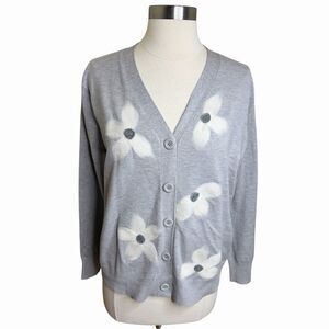 Aaeda Gray Floral Cardigan Sweater Womens Medium Button Front Soft Knit